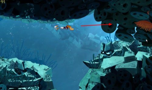 Po zdobyciu Elektruny, płyń dalej w dół uważając, by nie zostać wessanym - Przeklęta płetwa (300 L, 2:20); Złe bańki i nie tylko (175 L) | Morze Szczęśliwości - Rayman Origins - poradnik do gry