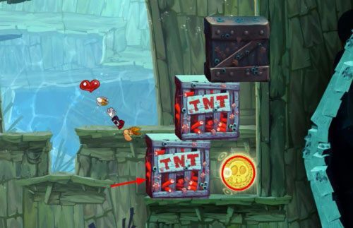 Następnie zbierz LK, zbieraj L, które spotkasz na swojej drodze i dopłyń do drzwi z okiem - Przeklęta płetwa (300 L, 2:20); Złe bańki i nie tylko (175 L) | Morze Szczęśliwości - Rayman Origins - poradnik do gry