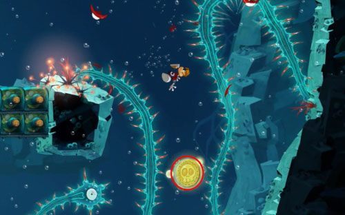 Płyń cały czas w dół, a następnie w prawo i dotrzyj do drzwi z okiem - Przeklęta płetwa (300 L, 2:20); Złe bańki i nie tylko (175 L) | Morze Szczęśliwości - Rayman Origins - poradnik do gry