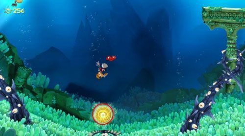 Pomiędzy następnymi kolumnami znajdziesz roślinkę z LK i L - Przeklęta płetwa (300 L, 2:20); Złe bańki i nie tylko (175 L) | Morze Szczęśliwości - Rayman Origins - poradnik do gry