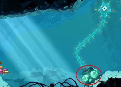 Pamiętaj o strzelaniu do pochyłych ścian oraz nóg krabów, dzięki którym pociski będą trafiać cele normalnie nieosiągalne - Ogień zwalczaj wodą (300 L); Piracki skarb | Morze Szczęśliwości - Rayman Origins - poradnik do gry