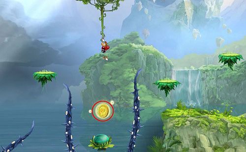 Przed drzwiami z okiem zniszcz Żalumek i skocz trzy razy na ostatnią platformę (3 L) - Wędrówka przez góry (300 L, 1:25) | Mistyczny Szczyt | Rayman Origins - Rayman Origins - poradnik do gry