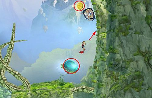 Po użyciu bujawki, skok na platformę przed lianami uwolni LK i L - Wędrówka przez góry (300 L, 1:25) | Mistyczny Szczyt | Rayman Origins - Rayman Origins - poradnik do gry
