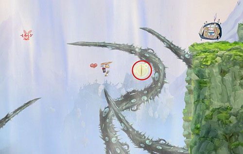 Po wylądowaniu miniesz roślinkę (2 L, S) - Wędrówka przez góry (300 L, 1:25) | Mistyczny Szczyt | Rayman Origins - Rayman Origins - poradnik do gry