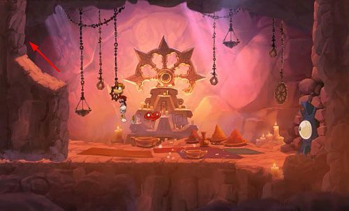 Za drzwiami znajdziesz ostatnią klatkę z E kończącą ten poziom - Wędrówka przez góry (300 L, 1:25) | Mistyczny Szczyt | Rayman Origins - Rayman Origins - poradnik do gry