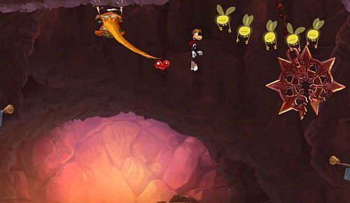 Dalej zjedź po linach i zawróć po M - Magiczne Małpki (300 L, 3:00); Droga Elektrunów (175 L) | Mistyczny Szczyt - Rayman Origins - poradnik do gry