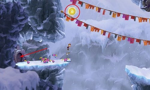 Idąc dalej w prawo dotrzesz do drzwi z okiem - Magiczne Małpki (300 L, 3:00); Droga Elektrunów (175 L) | Mistyczny Szczyt - Rayman Origins - poradnik do gry