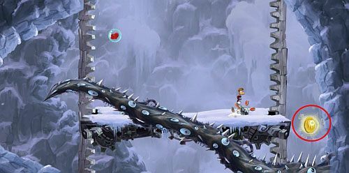 Na samej górze na lewej ścianie znajdziesz kolejny Żalumek - Magiczne Małpki (300 L, 3:00); Droga Elektrunów (175 L) | Mistyczny Szczyt - Rayman Origins - poradnik do gry