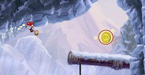 Za drzwiami zniszcz pomarańczową galaretę, dzięki czemu zacznie spadać półka z M - Ale w koło są Golemy (300); Świątynia Cwanych Skrzyń; Humorzaste Chmury | Mistyczny Szczyt - Rayman Origins - poradnik do gry