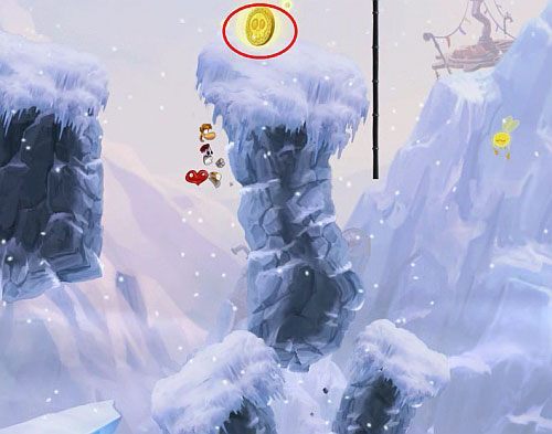 Kiedy otworzy się przejście do liny wykorzystaj ją, by dostać się na półkę po prawej stronie z wejściem do pomieszczenia z E - Ale w koło są Golemy (300); Świątynia Cwanych Skrzyń; Humorzaste Chmury | Mistyczny Szczyt - Rayman Origins - poradnik do gry