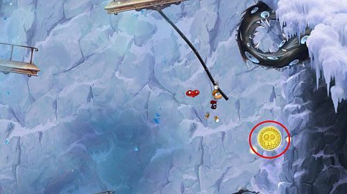 Na samej górze, po lewej stronie, na półce skalnej znajdziesz następną M - Ale w koło są Golemy (300); Świątynia Cwanych Skrzyń; Humorzaste Chmury | Mistyczny Szczyt - Rayman Origins - poradnik do gry