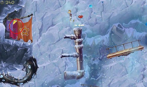 Za drzwiami znajdź zejście do liny, dzięki której dostaniesz się do pomieszczenia z E - Ale w koło są Golemy (300); Świątynia Cwanych Skrzyń; Humorzaste Chmury | Mistyczny Szczyt - Rayman Origins - poradnik do gry