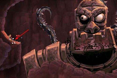 Kiedy znajdziesz się nad głową bossa, opadnij po lewej stronie twarzy bossa i zaatakuj bąbel, który się pojawi - Ale w koło są Golemy (300); Świątynia Cwanych Skrzyń; Humorzaste Chmury | Mistyczny Szczyt - Rayman Origins - poradnik do gry