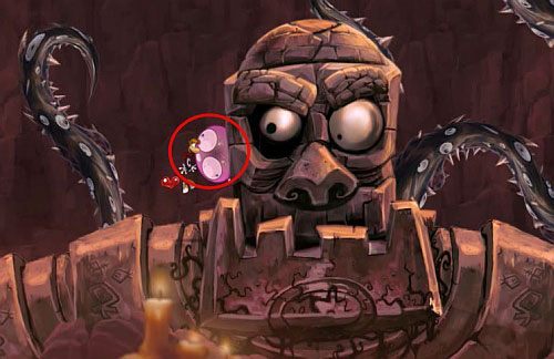 Ponownie z lewego ramienia wskocz na półkę z której rozpoczniesz bieg po ścianie, ale tym razem opadnij na prawe ramie, gdzie zniszcz kolejny bąbel - Ale w koło są Golemy (300); Świątynia Cwanych Skrzyń; Humorzaste Chmury | Mistyczny Szczyt - Rayman Origins - poradnik do gry