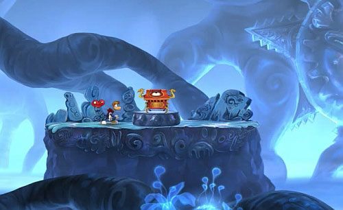 Na poziomie spotkasz uwolnione nimfy, które Cię poinformują o konieczności uwolnienia władców zawładniętych przez koszmary - Ale w koło są Golemy (300); Świątynia Cwanych Skrzyń; Humorzaste Chmury | Mistyczny Szczyt - Rayman Origins - poradnik do gry