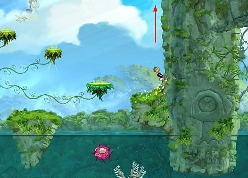 Przed drzwiami z okiem zniszcz Żalumek podwieszony do sufitu - Zejdź mi z drogi (300 L, 1:20) | Świątynia Łaskotek | Rayman Origins - Rayman Origins - poradnik do gry