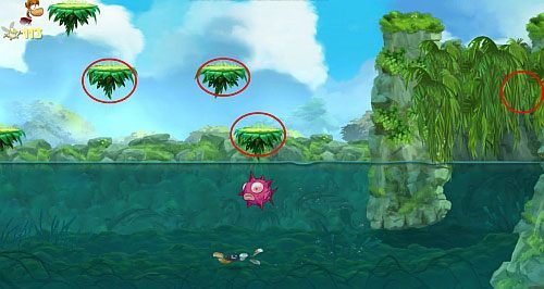 Dalej zniszcz most, pod którym znajdziesz S - Zejdź mi z drogi (300 L, 1:20) | Świątynia Łaskotek | Rayman Origins - Rayman Origins - poradnik do gry