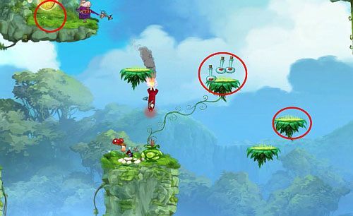 Następnie zniszcz most, pod którym znajdziesz wejście do pomieszczenia z E - Zejdź mi z drogi (300 L, 1:20) | Świątynia Łaskotek | Rayman Origins - Rayman Origins - poradnik do gry