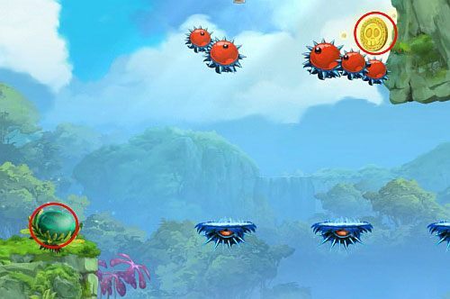 Pod trzema niebieskimi platformami znajdziesz platformę na której spoczywa S, a na ścianie 3 L - Zejdź mi z drogi (300 L, 1:20) | Świątynia Łaskotek | Rayman Origins - Rayman Origins - poradnik do gry