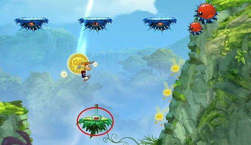 Za drzwiami będziesz musiał poruszać się bardzo szybko ponieważ, półki skalne zaczną się zawalać - Zejdź mi z drogi (300 L, 1:20) | Świątynia Łaskotek | Rayman Origins - Rayman Origins - poradnik do gry