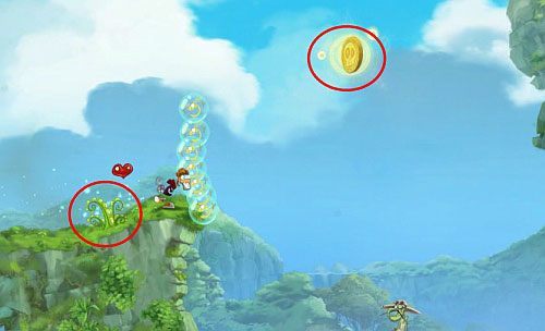 Spadając w dół na stabilną półkę skalną będziesz mógł zdobyć S, a kawałek dalej znajdziesz ostatnią klatkę z E na tym poziomie - Zejdź mi z drogi (300 L, 1:20) | Świątynia Łaskotek | Rayman Origins - Rayman Origins - poradnik do gry