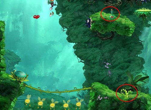 Wróć na półkę na której wcześniej zdobyłeś S i korzystając z ruchomych platform dostań się do M - W górę i w dół (300 L, 1:50) | Świątynia Łaskotek | Rayman Origins - Rayman Origins - poradnik do gry