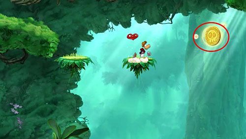 Przed drzwiami z okiem skocz z atakiem na skocznie i zacznij odbijać się od ścian, by dotrzeć do następnej M - W górę i w dół (300 L, 1:50) | Świątynia Łaskotek | Rayman Origins - Rayman Origins - poradnik do gry