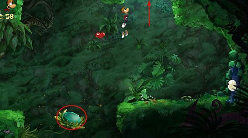 Za drzwiami zdobądź S i uderz roślinkę pod sufitem - W górę i w dół (300 L, 1:50) | Świątynia Łaskotek | Rayman Origins - Rayman Origins - poradnik do gry