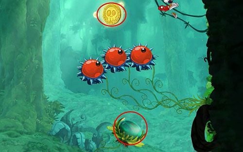 Za drzwiami ponownie skocz z atakiem na skocznie, aby dotrzeć do ukrytego pomieszczenia z E - W górę i w dół (300 L, 1:50) | Świątynia Łaskotek | Rayman Origins - Rayman Origins - poradnik do gry