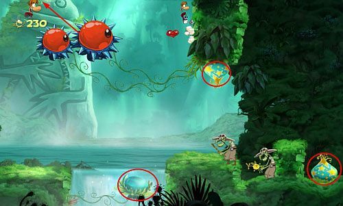 Dalej zniszczysz kolejny Żalumek i przeniesiesz się do poziomu z LK i mnóstwem L, które zdobędziesz odbijając się do skoczni - W górę i w dół (300 L, 1:50) | Świątynia Łaskotek | Rayman Origins - Rayman Origins - poradnik do gry