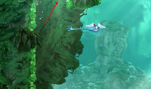 Wróć i skorzystaj z platformy, którą uwolnisz atakując roślinkę przy suficie, by dostać się do następnej bujawki i drzwi z okiem - W górę i w dół (300 L, 1:50) | Świątynia Łaskotek | Rayman Origins - Rayman Origins - poradnik do gry