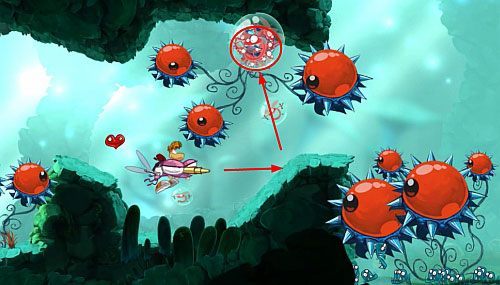 W dalszej części poziomu, będziesz musiał uważać na gejzery próbujące unieść Cię do kolców pod sufitem - Łowca Łowców (300 L); Wspinaczka (300 L, 2:40) | Świątynia Łaskotek - Rayman Origins - poradnik do gry