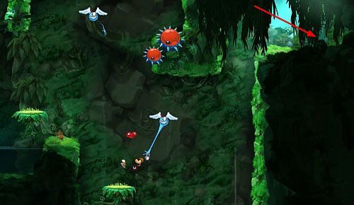 Naskakuj na platformę oznaczoną kółkiem, by uwolnić 4 L - Łowca Łowców (300 L); Wspinaczka (300 L, 2:40) | Świątynia Łaskotek - Rayman Origins - poradnik do gry