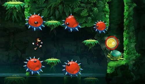 Korzystając z kolejnych skoczni dostań się do drzwi przed którymi zniszcz Żalumek - Łowca Łowców (300 L); Wspinaczka (300 L, 2:40) | Świątynia Łaskotek - Rayman Origins - poradnik do gry