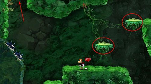 Dostań się na samą górę uważając, by nie zostać zgniecionym przez ruchome ściany, gdzie znajdziesz Żalumek oraz drzwi z okiem - Łowca Łowców (300 L); Wspinaczka (300 L, 2:40) | Świątynia Łaskotek - Rayman Origins - poradnik do gry