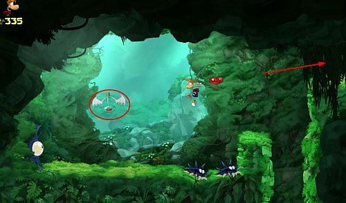 Za drzwiami skocz na pierwsze dwie platformy, by uwolnić 2 L - Łowca Łowców (300 L); Wspinaczka (300 L, 2:40) | Świątynia Łaskotek - Rayman Origins - poradnik do gry