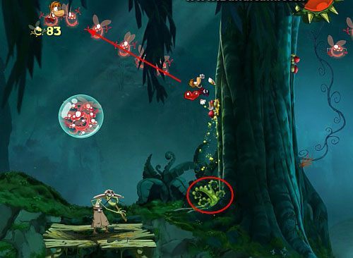 Nad skocznią, skocz na roślinkę (czerwone kółko), by uwolnić LK, który zdobędziesz później - Ciągle płynie (300 L, 1:20) | Świątynia Łaskotek | Rayman Origins - Rayman Origins - poradnik do gry