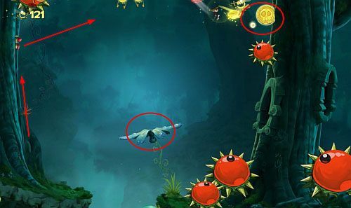 Przed drzwiami zawróć w lewo (małe przejść, do którego musisz się skurczyć), by znaleźć M - Ciągle płynie (300 L, 1:20) | Świątynia Łaskotek | Rayman Origins - Rayman Origins - poradnik do gry