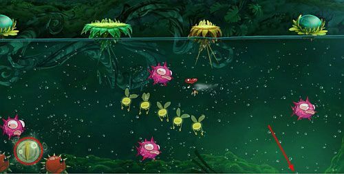 Za drzwiami z okiem znajdziesz ostatnią klatkę z E - Ciągle płynie (300 L, 1:20) | Świątynia Łaskotek | Rayman Origins - Rayman Origins - poradnik do gry