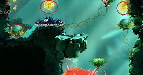 Wyżej znajdziesz S, L oraz kolejną platformę w butelce - Biedna mała stokrotka (100 L); Zabawy w cieniu | Świątynia Łaskotek - Rayman Origins - poradnik do gry