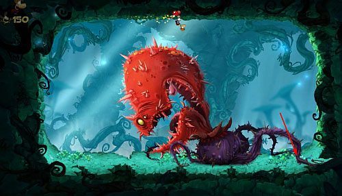 Kiedy boss uderzy w ścianę dostań się po suficie do bąbla, który się pojawił i go zniszcz - Biedna mała stokrotka (100 L); Zabawy w cieniu | Świątynia Łaskotek - Rayman Origins - poradnik do gry