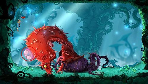 Szybko wróć po suficie na poprzednią pozycje, ponieważ boss zacznie biegać po suficie - Biedna mała stokrotka (100 L); Zabawy w cieniu | Świątynia Łaskotek - Rayman Origins - poradnik do gry