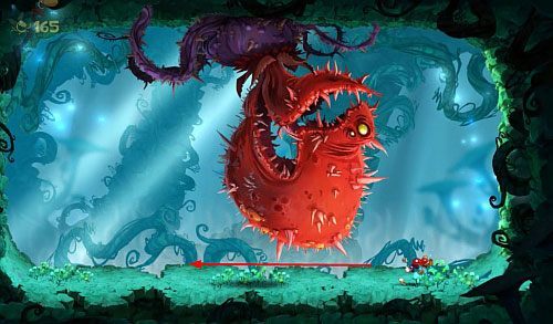 W pewnym momencie boss uderzy głową w środek pomieszczenia, spadnie z sufitu, a na jego spodzie pojawi się kolejny bąbel, do którego dostaniesz się biegnąc po ścianie i suficie - Biedna mała stokrotka (100 L); Zabawy w cieniu | Świątynia Łaskotek - Rayman Origins - poradnik do gry