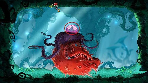 Po zniszczeniu bąbla zeskocz z bossa na prawą stronę i przebiegnij pod nim ze sprintem, kiedy ten będzie w powietrzu - Biedna mała stokrotka (100 L); Zabawy w cieniu | Świątynia Łaskotek - Rayman Origins - poradnik do gry