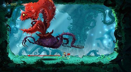 Zaczekaj aż boss znajdzie się maksymalnie przy ścianie i przygotuj się na ponowne przebiegnięcie pod nim, kiedy będzie w powietrzu - Biedna mała stokrotka (100 L); Zabawy w cieniu | Świątynia Łaskotek - Rayman Origins - poradnik do gry