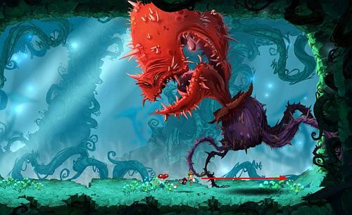 Boss zacznie ponownie wracać na poprzednią pozycję, więc ponownie przebiegnij pod nim - Biedna mała stokrotka (100 L); Zabawy w cieniu | Świątynia Łaskotek - Rayman Origins - poradnik do gry