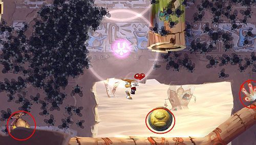 Następnie ponownie uderz w pierścień i dotrzyj szybko do M - Dzikie roje (300 L, 2:10) | Ględzoce Groty | Rayman Origins - Rayman Origins - poradnik do gry