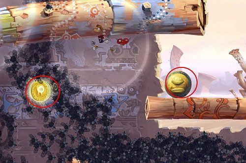 Przed drzwiami z okiem naskocz na obie platformy kilkukrotnie, by uwolnić LK oraz L - Dzikie roje (300 L, 2:10) | Ględzoce Groty | Rayman Origins - Rayman Origins - poradnik do gry