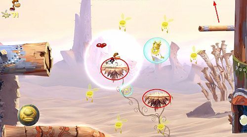 Za drzwiami ponownie naskocz na obie platformy, by uwolnić LK oraz L - Dzikie roje (300 L, 2:10) | Ględzoce Groty | Rayman Origins - Rayman Origins - poradnik do gry