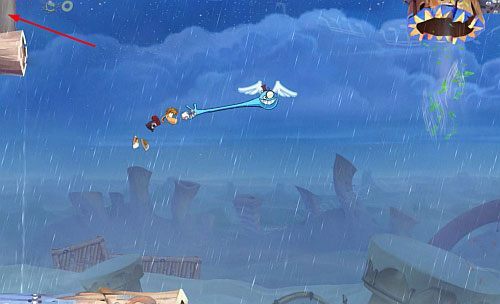 Dalej znajdziesz S, a pod przeciwnikiem, roślinkę przyczepioną do ściany - Podstępne wiatry (300 L, 2:35) | Ględzoce Groty | Rayman Origins - Rayman Origins - poradnik do gry